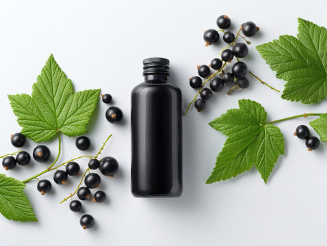 Minimalist cosmetic photography of black currant extract bottle, fresh berries and leaves, isolated on white, natural beauty and wellness concept.