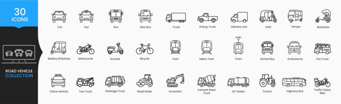 Road Vehicle Line Icons Set with Car Bus Truck Bicycle and Transport Vehicles Vector Collection