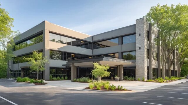 Suburban modern surgery center exterior showing a clean fa&ccedil;ade visible signage ample parking spaces and a designated dropoff area surrounded by greenery.