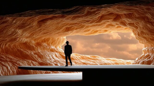 Contemplation in the Cave: A solitary figure, silhouetted against the open sky, stands at the threshold of a mysterious cave, their form dwarfed by the grandeur of the cavernous interior.