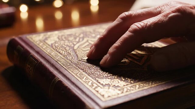 Close-up of a hand gently touching an antique ornate book with golden patterns.