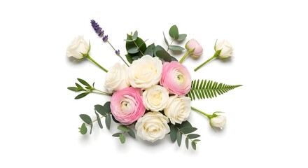 Elegant bouquet of white and pink roses with eucalyptus and lavender on white background.