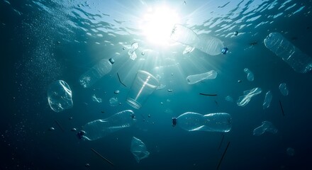 Naklejka premium Ocean pollution a school of fish amidst plastic debris underwater