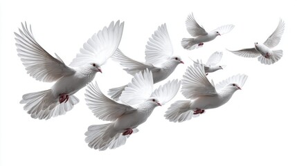 Obraz premium A flock of white doves takes flight against a clean white background, symbolizing peace and freedom
