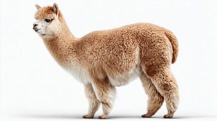 Obraz premium Fluffy light brown alpaca standing gracefully on a clean white background