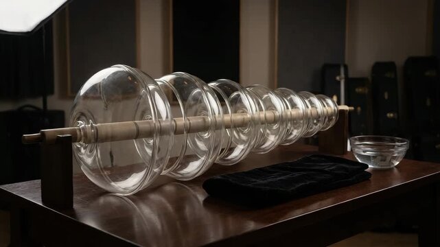 glass harmonica arranged on dark table in studio setting orbit video