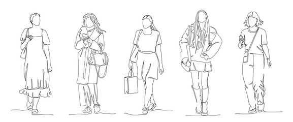 Women walking set. Front view. Continuous line drawing elements. Black and white vector illustration in line art style. © Yulia