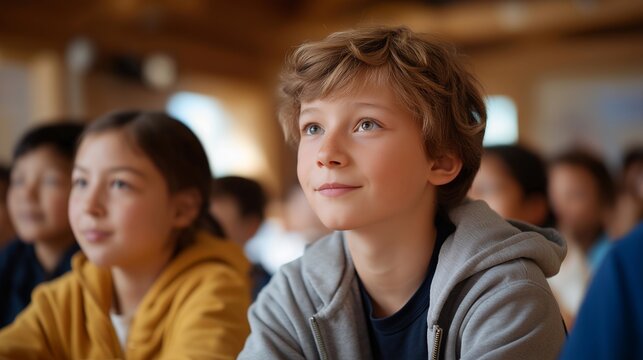 A diverse group of children watching a presentation sit attentively, emphasizing the role of interactive learning strategies in promoting understanding and participation during classroom
