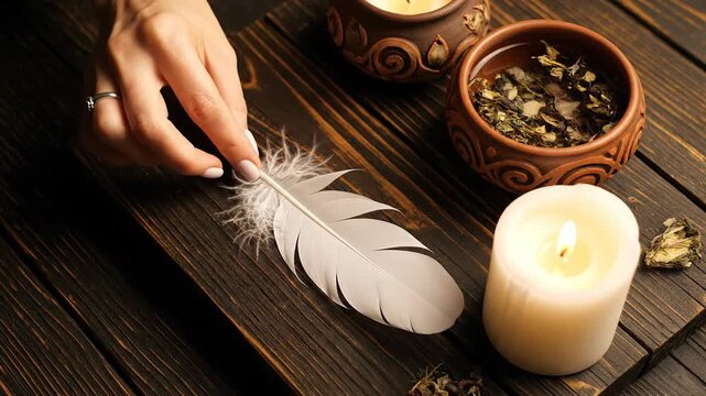 Close-up of a hand holding a white feather near burning candles and herbs on a wooden table.