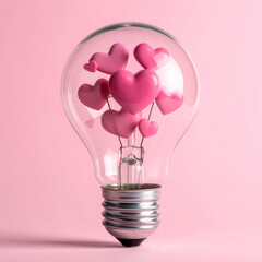 Light Bulb Filled with Multiple pink Heart Shaped, Glowing Concept