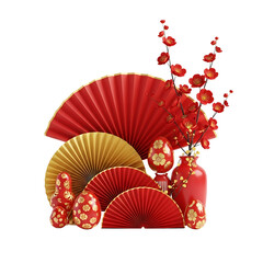 Vibrant red fan display with blossoms