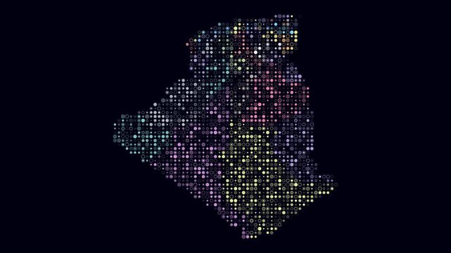 Algeria map animation. Shape of the country with pulsating colored dots. Small size circle blocks. Digital style Algeria map on dark background. Beautiful video.