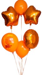 An arrangement of seven orange balloons stars, round, and leaf-printed, against a plain white background