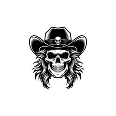 A detailed black and white vector illustration of a skull with long flowing hair wearing a cowboy hat decorated with a small skull emblem. Bold, high-contrast style.
