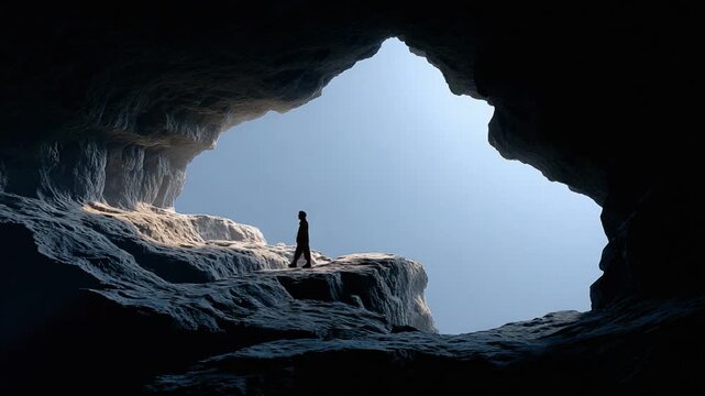 Cave Explorer: A solitary figure, silhouetted against the bright entrance, navigates a mysterious cave, symbolizing adventure, discovery, and the human spirit's quest for exploration.
