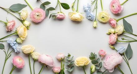 Soft pastel floral arrangement with roses, ranunculus, and eucalyptus on white background