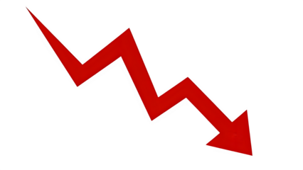 Red downward zigzag arrow on isolated on transparent background