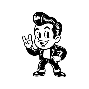 A cheerful black and white retro vector illustration of a 1950s rockabilly man with a pompadour, wearing a leather jacket and making a rock on hand gesture.