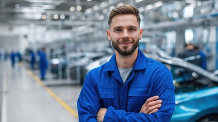 Obraz premium Young caucasian male auto mechanic in factory wearing blue uniform.
