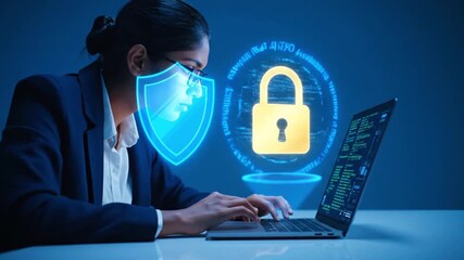 Focused IT Specialist Working on Laptop with Holographic Cyber Security Shield and Padlock Icons for Data Protection