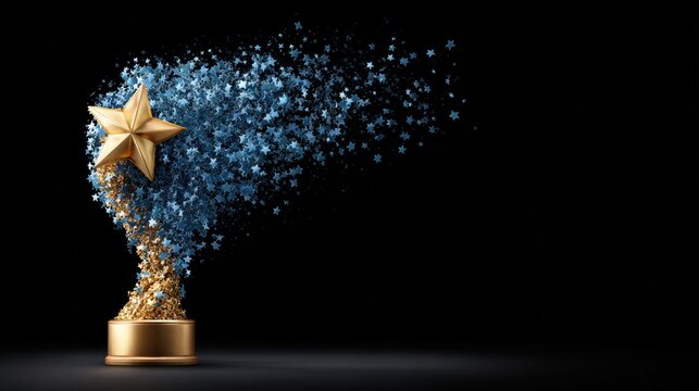 Golden star trophy exploding into a cloud of blue and gold star confetti against black background