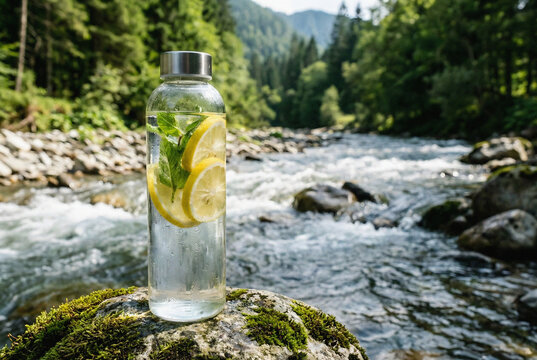 Reusable glass water bottle with lemon in nature