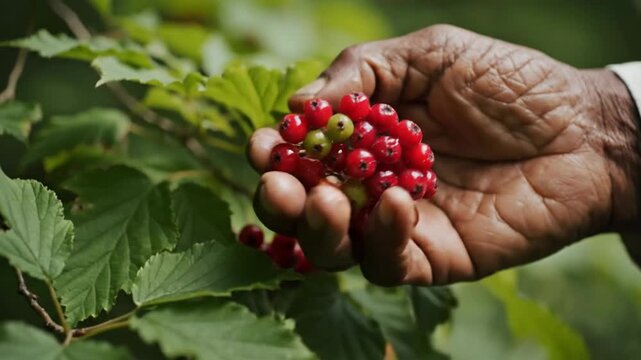 Close-up of a hand picking ripe red currants from a bush in a garden