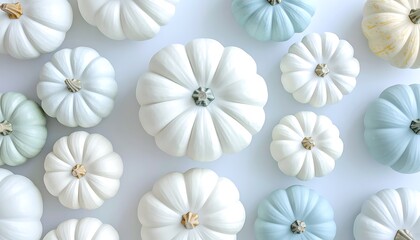 An array of petite pastel pumpkins scattered on a white surface in an overhead, flat lay composition