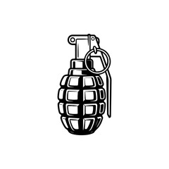 Fototapeta premium A bold black and white vector illustration of a classic pineapple-style hand grenade. The graphic features high-contrast shading and clear mechanical details on white.