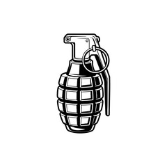 Fototapeta premium A bold black and white vector illustration of a classic pineapple-style hand grenade. The graphic features high-contrast shading and clear mechanical details on white.