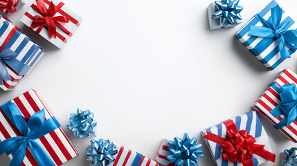 Obraz premium Top view of wrapped gift boxes with red, white and blue ribbons arranged as a frame on a white background. Concept of Fourth of July, Independence Day celebration, patriotic holiday, promotions, sales