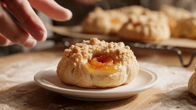 Close-up of a hand placing a delicious apricot crumble pastry on a small white plate.
