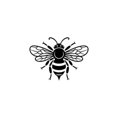 Obraz premium A symmetrical black and white vector illustration of a honey bee. The graphic features clean lines, detailed wings, and a striped abdomen in a minimalist style.