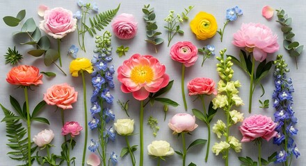 Vibrant collection of fresh spring flowers including peonies, roses, and delphiniums