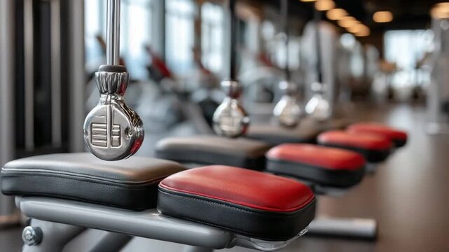Gym equipment in focus: A row of modern gym equipment, perfectly aligned, invites you into a world of fitness and wellness, showing a sleek design and promising a fulfilling workout experience.