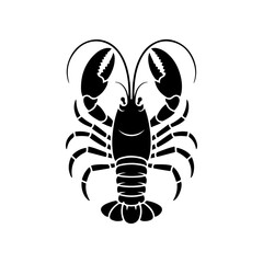 Obraz premium A bold black and white vector illustration of a lobster viewed from above. The graphic features clean symmetrical lines and sharp claws isolated on a white background.
