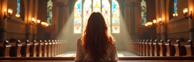 Woman prays in church. Light shines through stained glass windows onto her. She sits on pew, focused on her belief. Solitude and devotion in sacred place. Quiet spiritual moment.