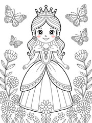 Fototapeta premium Outline of a princess with a crown, surrounded by butterflies and flowers