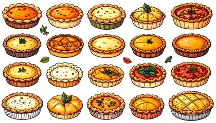 An array of various cartoon-styled pies and tarts with golden crusts, each with a unique filling and garnish