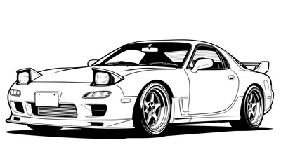 A high-quality black and white vector line art of a famous Japanese rotary-engine sports car with pop-up headlights
