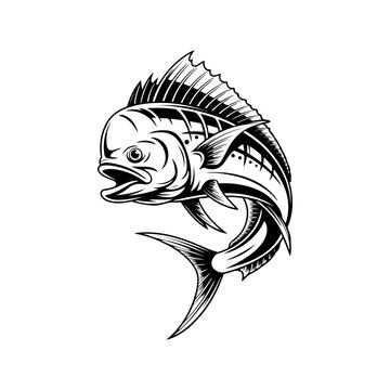 A dynamic black and white vector illustration of a Mahi-mahi fish jumping. Features its distinct flat head and long dorsal fin in a high-contrast minimalist style.