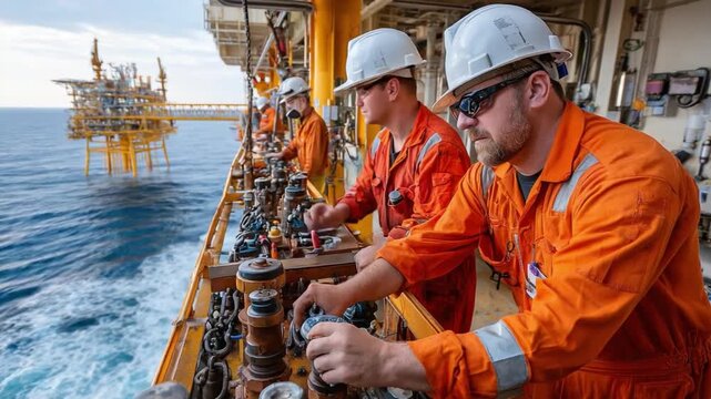 Offshore Rig Team at Work: A team of dedicated engineers and workers in protective gear manages equipment on an offshore oil rig, with the serene ocean in the backdrop.