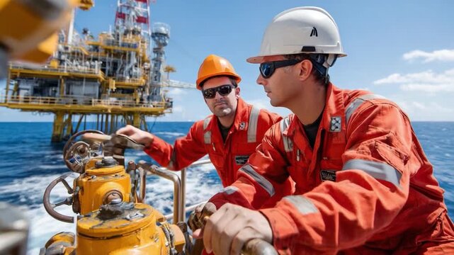 Coastal Engineers at Work: Two diligent engineers collaborate on a vibrant offshore oil rig, showcasing expertise in their profession on a sunny day.