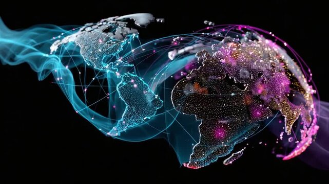 Global Connectivity: Digital representation of the globe linked by glowing lines, representing global interconnection, symbolizing seamless communication, and data exchange. 