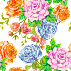 Roses, flowers, leaves, branches foliage Floral vintage seamless pattern illustration watercolor hand paint For design textiles, paper, wallpaper, backdrop