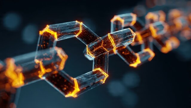 A futuristic digital depiction of interconnected hexagonal shapes glowing with an orange hue against a dark background.
