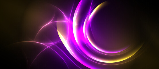 Obraz premium Abstract swirls, vibrant colors, dynamic energy. Purple, gold hues blend into darkness. Smooth curves create flowing patterns.