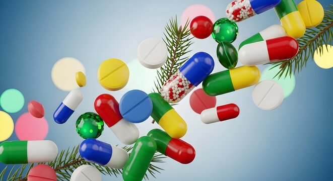 P&iacute;ldoras medicinales, c&aacute;psulas coloridas, tabletas cayendo junto a adornos festivos sobre fondo azul, destacando el concepto de atenci&oacute;n m&eacute;dica navide&ntilde;a
