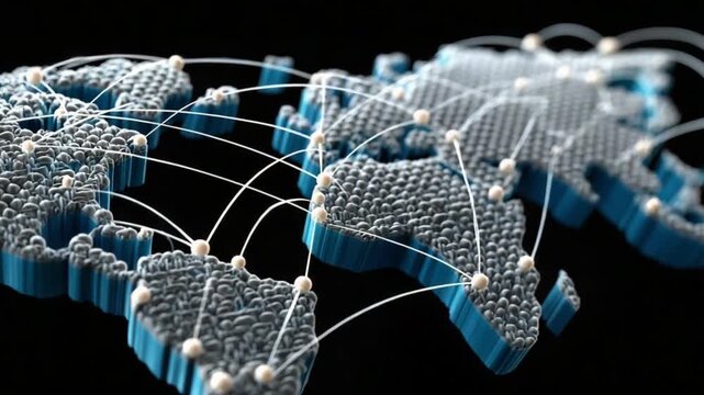 Global Connections: World map, representing interconnectedness, with nodes and lines suggesting a web of relationships across the globe. Illustrates communication, travel and information exchange.