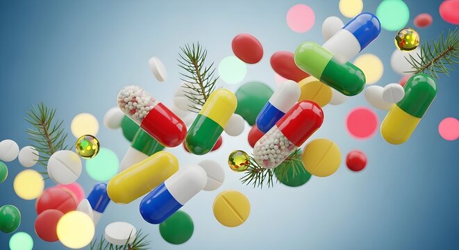 P&iacute;ldoras medicinales, c&aacute;psulas coloridas, tabletas cayendo junto a adornos festivos sobre fondo azul, destacando el concepto de atenci&oacute;n m&eacute;dica navide&ntilde;a